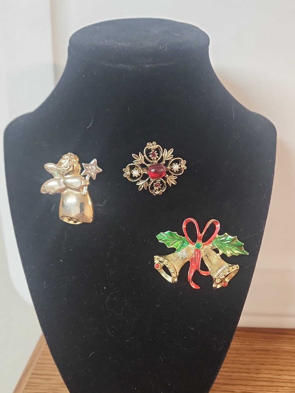 Gold-Tone Holiday Bell & Angel Pin Set - Red & Green Accents